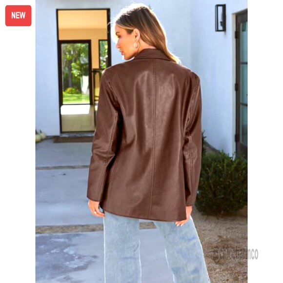 Oversized Faux Leather Motorcycle Jacket Y2K Punk Biker Bomber Coat Fall Winter - Picture 4 of 6